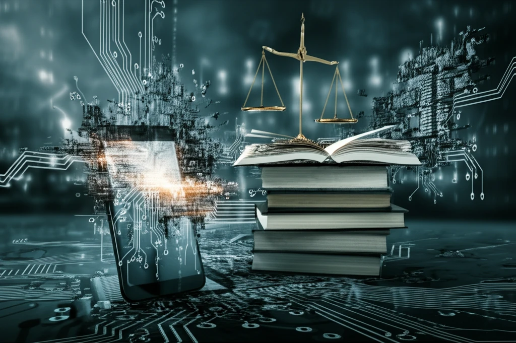 Interconnected circuit boards forming a cityscape, with beams of light representing data streams flowing between them and balance scales with smartphone and open books.
