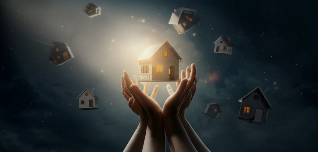 Hands lifting houses into light, representing governance and poverty reduction.