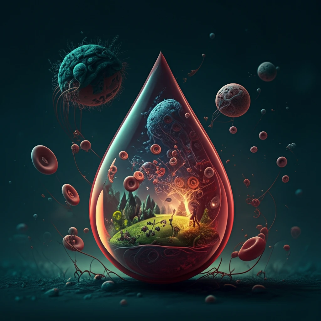 Stylized blood drop containing miniature landscapes of health and disease.