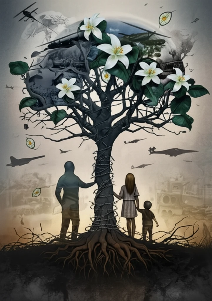 A symbolic illustration of historical trauma, showing a family tree intertwined with images of war and peace.