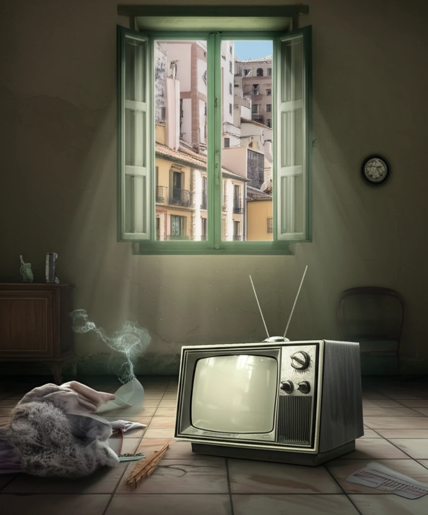 Vintage TV in Spanish home with modern city view.