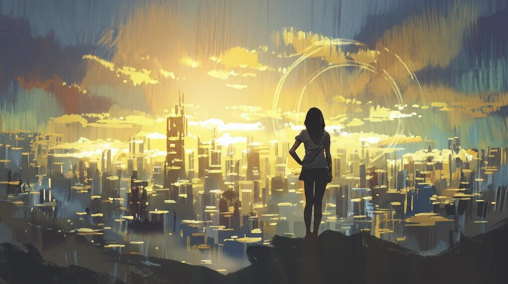 Woman gazes over a city of future, utopian literature and women's rights