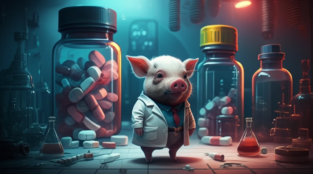 A minipig in a lab coat symbolizes the growing role of minipigs in pharmaceutical research.