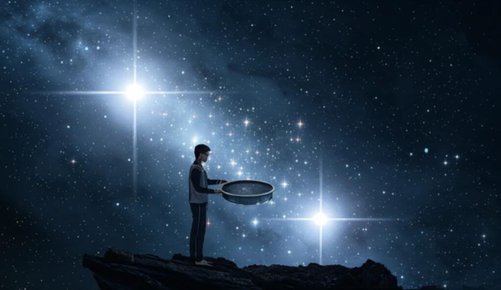 Person sifting through a galaxy to find constellations, representing data sparsity.
