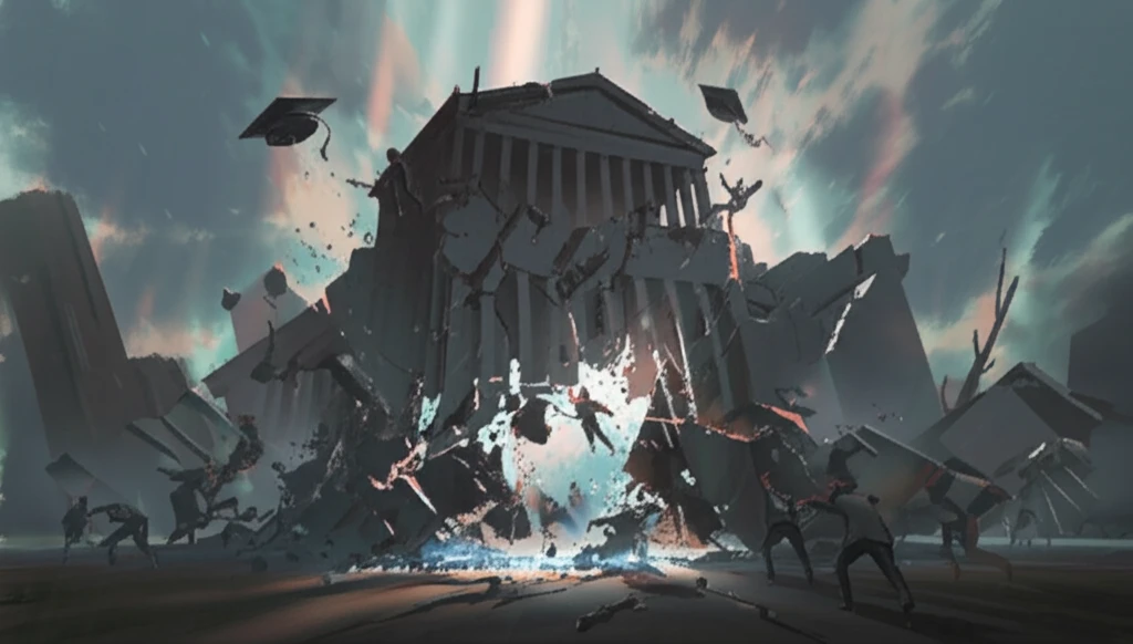 A surreal illustration of a crumbling academic building symbolizing failing quality assurance.