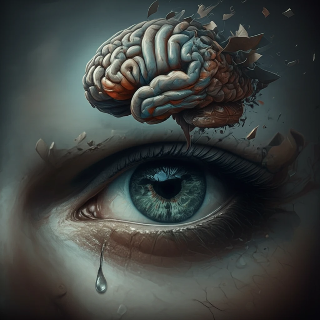Surreal illustration linking dry eye disease, ADHD, and depression.