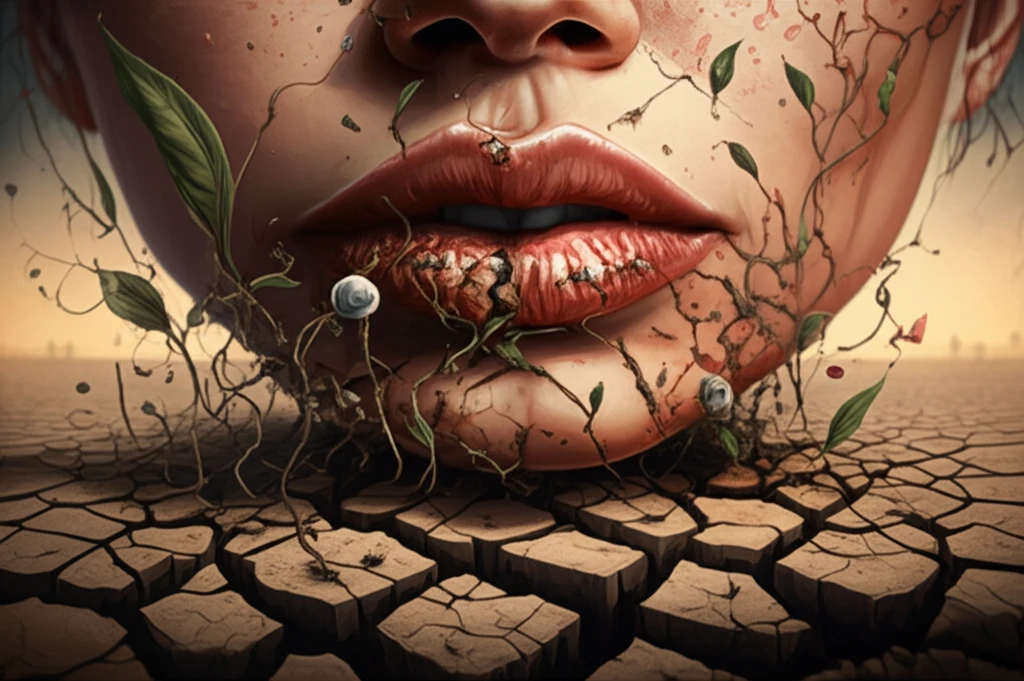 Illustration of healthy lips emerging from cracked earth, symbolizing healing from Candida cheilitis