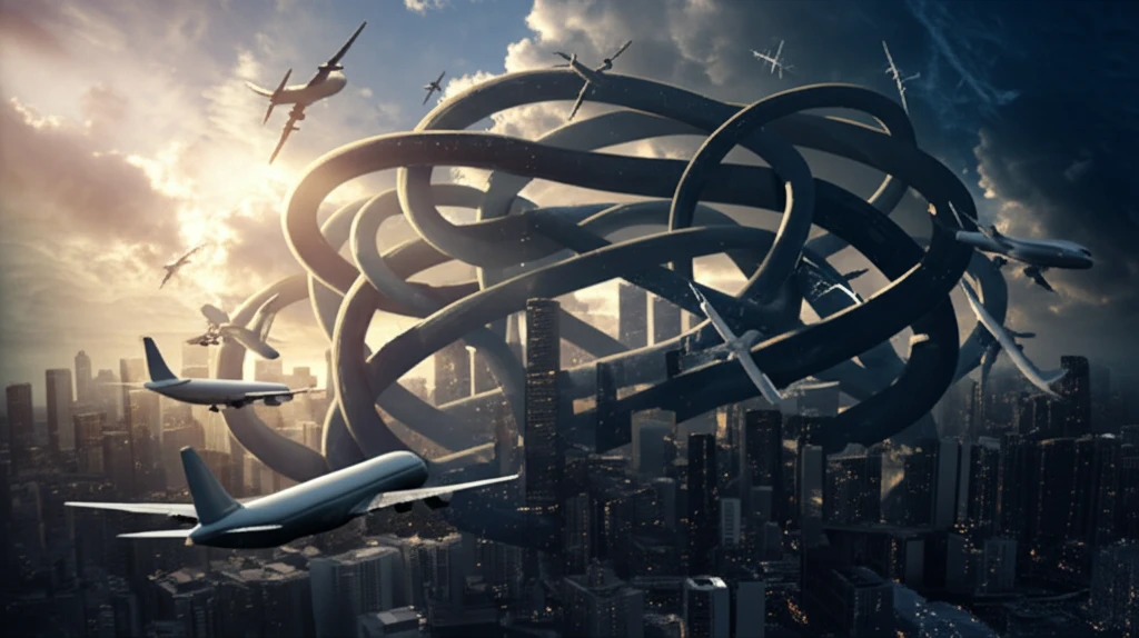 Surreal digital illustration of airplanes in a complex network.