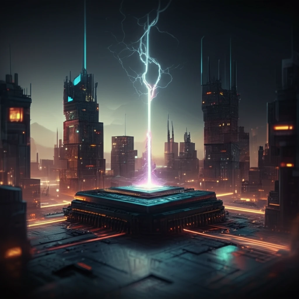 Surreal illustration of a microchip city glowing with heat signatures, illustrating the thermal challenges in semiconductor technology.