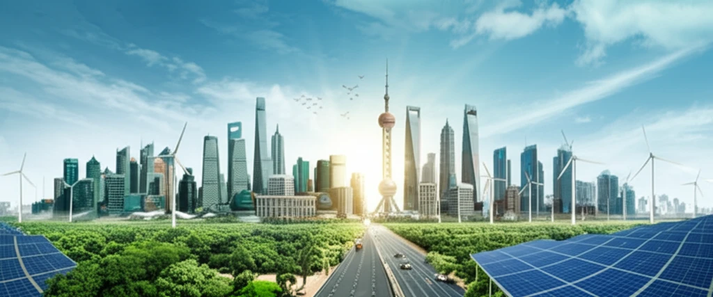 Sustainable cityscapes of Beijing and Shanghai, merging modern architecture with green energy solutions
