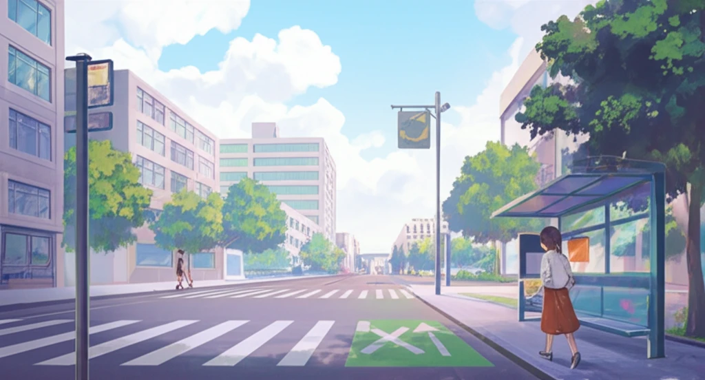 Vibrant city street highlighting longer walking paths to a convenient bus stop over a train station, symbolizing the choice of quality service over mode.