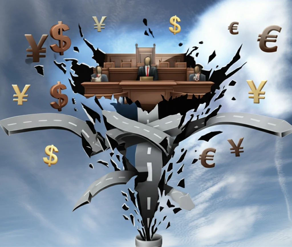 A courtroom scene merging into a map, representing the decision of hiring a local or out-of-town attorney and the associated financial considerations.