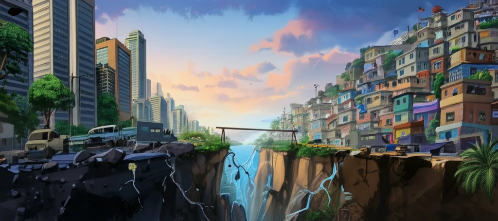 A divided city with skyscrapers on one side and a favela on the other, separated by a translucent police barrier.