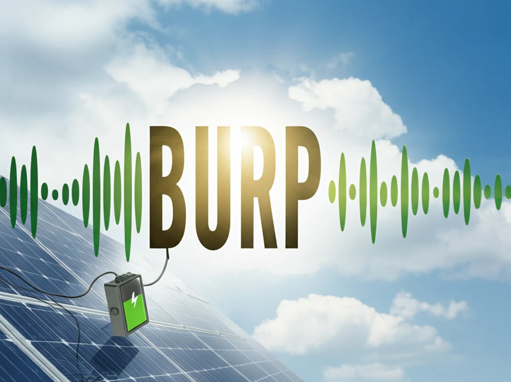 Surreal illustration of burp charging improving solar panel efficiency.