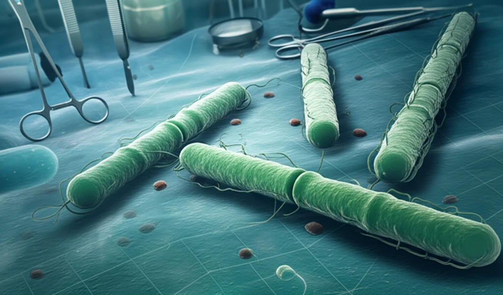 Surreal image of C. difficile bacteria with surgical tools in background.