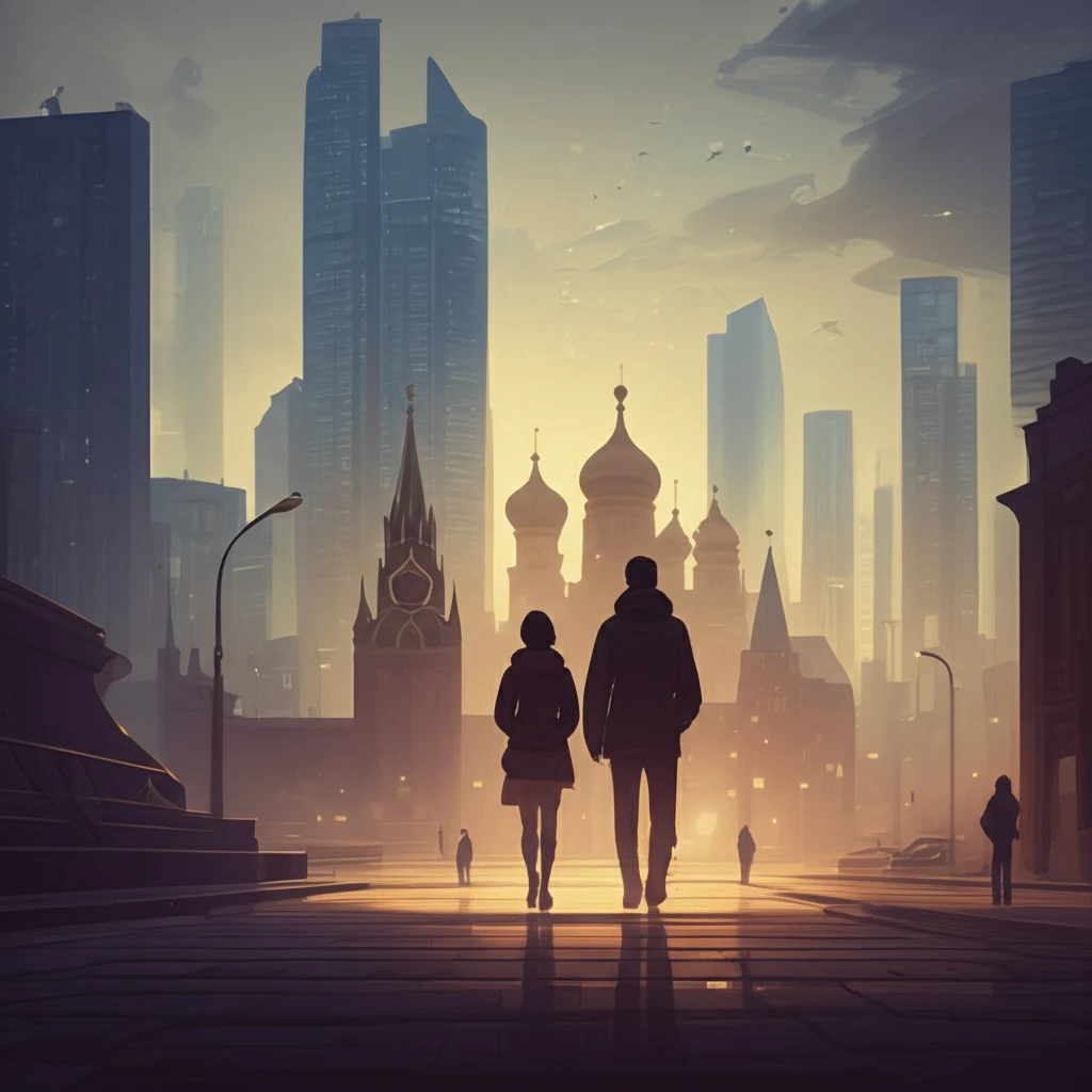 A symbolic image of modern Russian youth balancing tradition and modernity in their relationships.