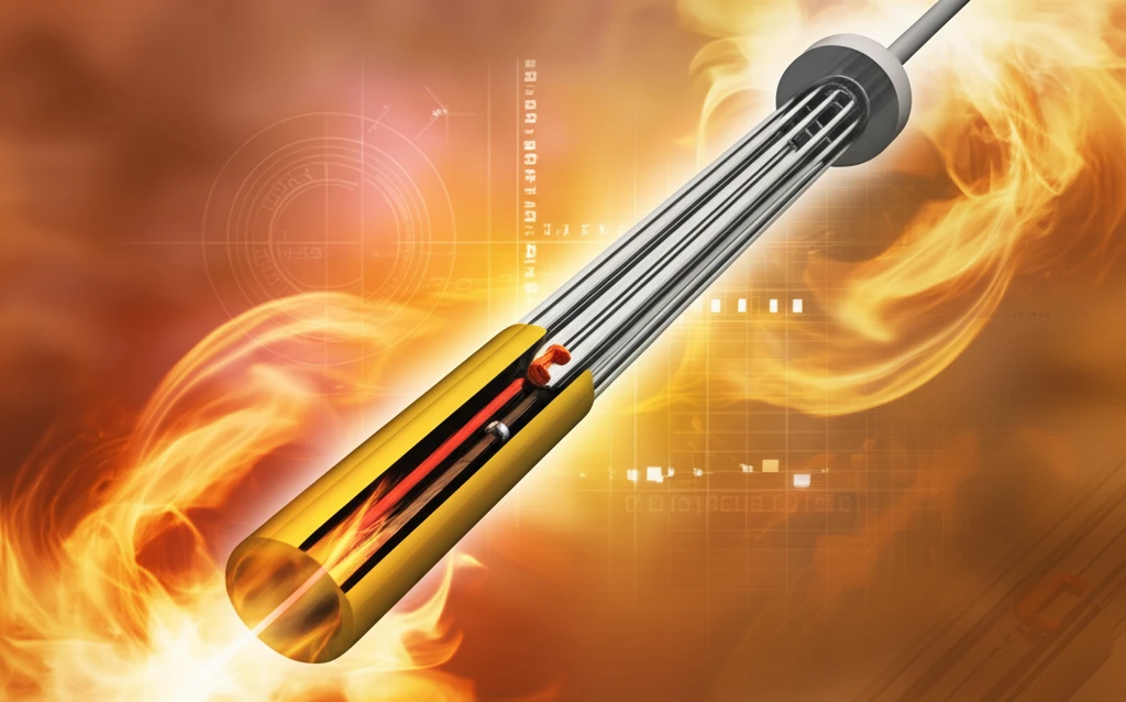 A gold and platinum thermocouple surrounded by flames, with a blueprint overlay.