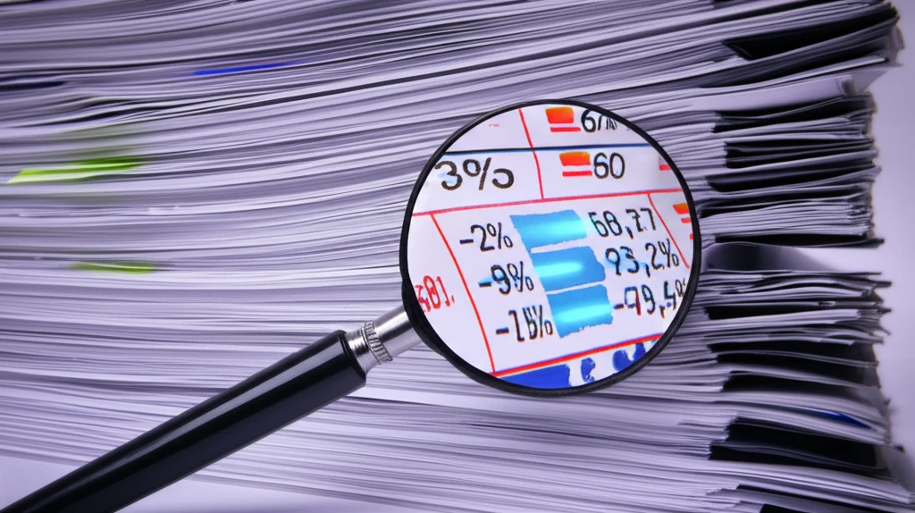 Magnifying glass revealing hidden patterns in financial reports