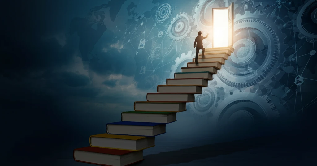 Career advancement through skills and knowledge represented by a staircase of books.