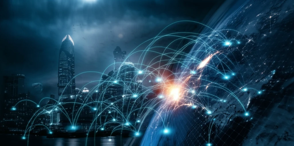 Interconnected cityscapes representing global virtual trade across time zones.