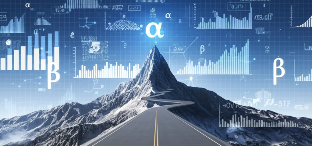 Surreal illustration of a mountain range with statistical charts in the sky, representing the Fréchet distribution.