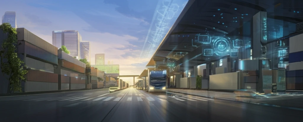 Futuristic sustainable logistics center seamlessly integrated with nature.