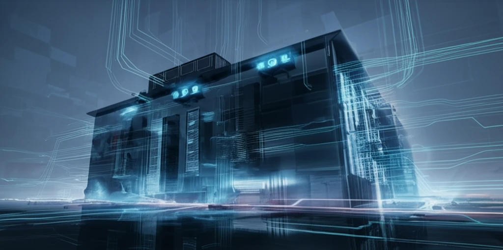 Energy-efficient building with glowing air-handling units.