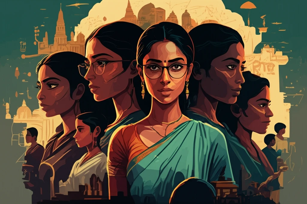 A group of empowered women stand together in a vibrant landscape, symbolizing economic justice and social change.
