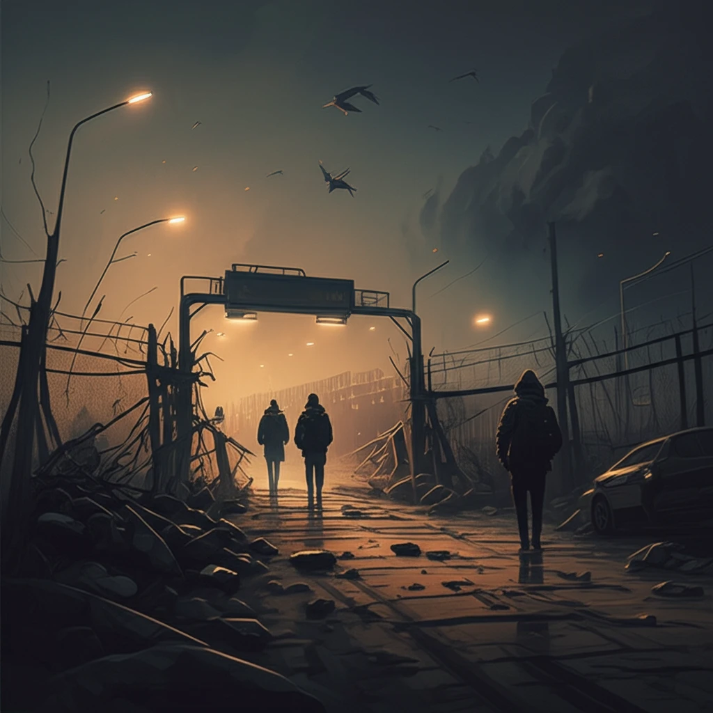 Surreal illustration of refugees crossing a border at night, highlighting the human trafficking crisis.