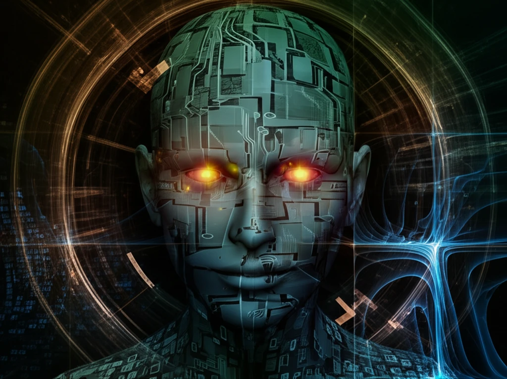 Abstract digital illustration of a face composed of circuits and code.