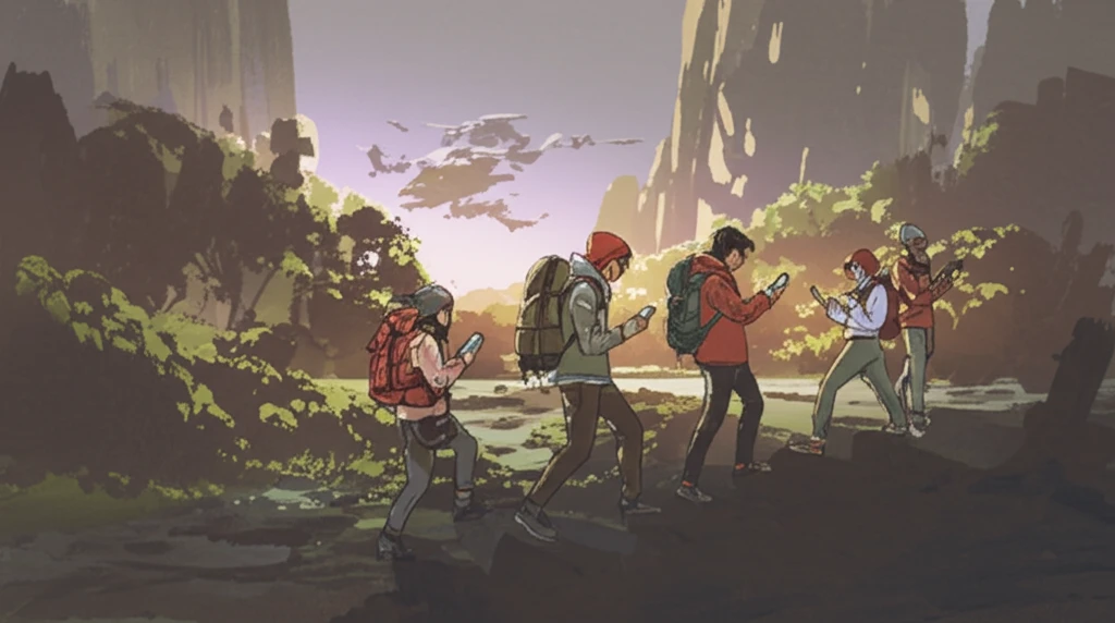 Hikers using digital terrain models in a stylized landscape.