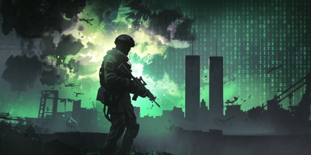 Surreal illustration of a soldier amidst binary code and pixels, representing war and video games.