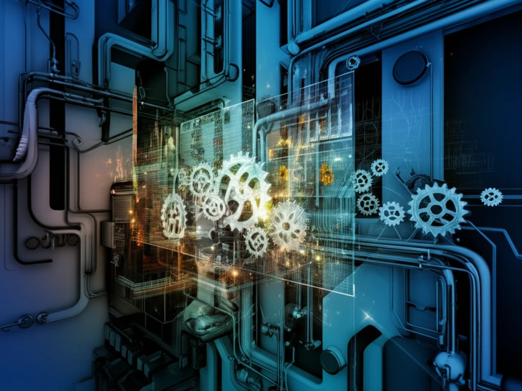 Complex network of interconnected gears and pipelines, symbolizing the interconnectedness of risk management in industrial projects.
