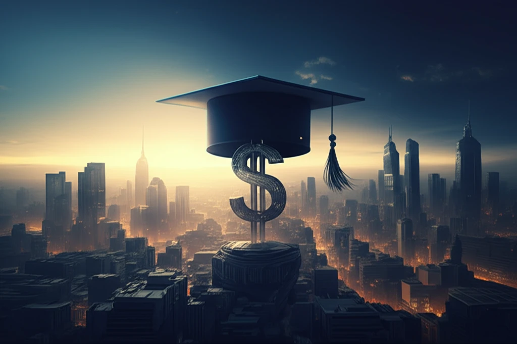 Graduation cap turning into a dollar sign, representing the return on investment of education.