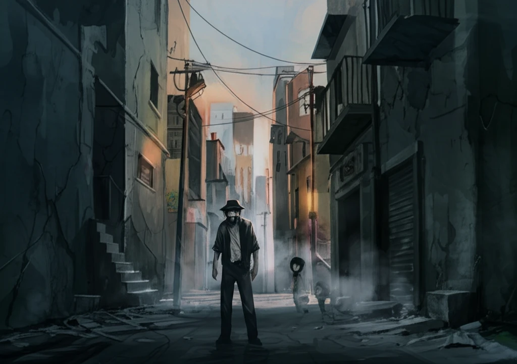 A surreal depiction of marginalized figures in a decaying urban landscape, capturing the essence of José Revueltas's unflinching portrayal of the human condition.