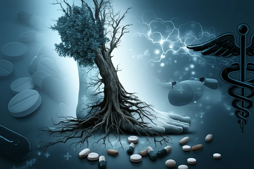 Surreal illustration of a foot turning into tree roots, symbolizing the risks of SGLT2 inhibitors.