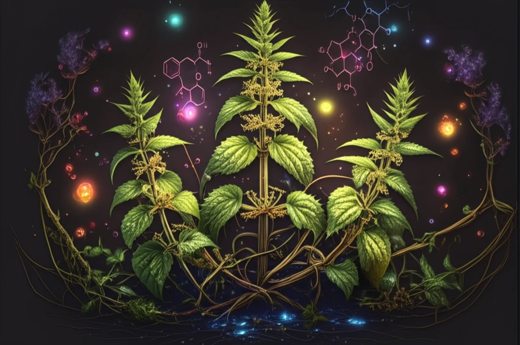 Surreal illustration of three intertwined nettle plants surrounded by glowing phytochemicals.