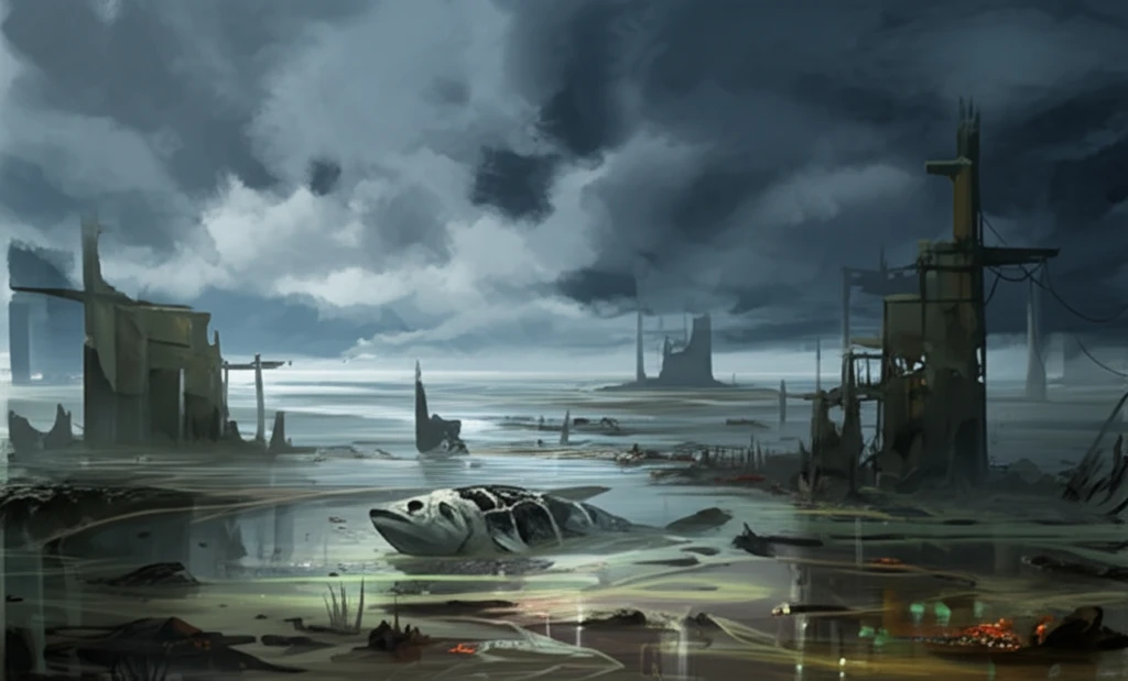 Polluted bay with dark clouds and decaying fish symbolizing heavy metal contamination.