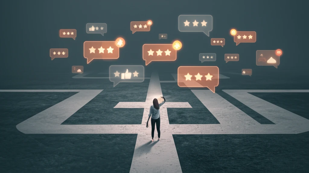 Crossroads of decision with floating feedback bubbles.