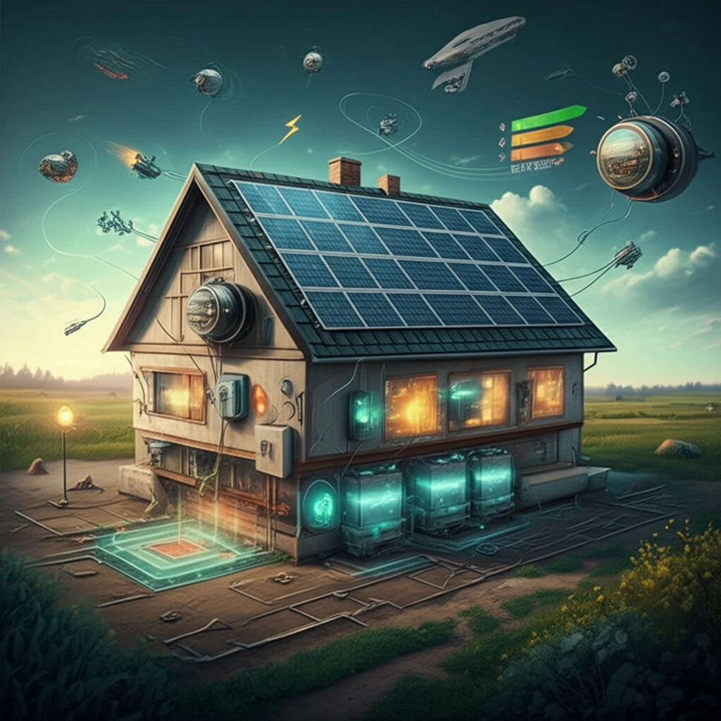 Solar panels, batteries, and a smart meter symbolize energy efficiency and cost savings with time-of-use electricity.