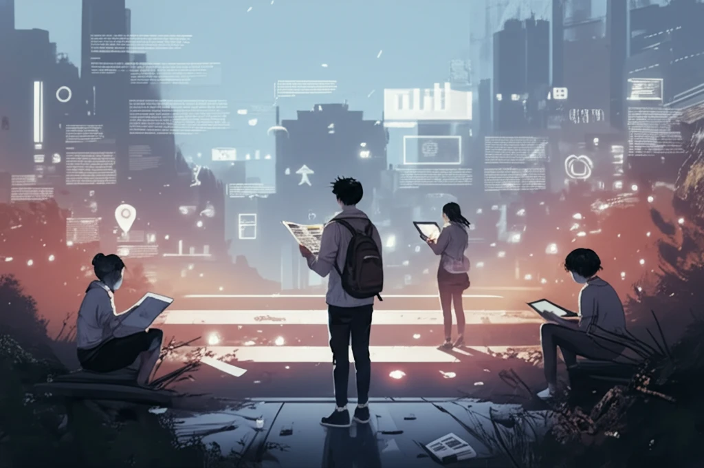 University campus with students using both print newspapers and digital tablets.
