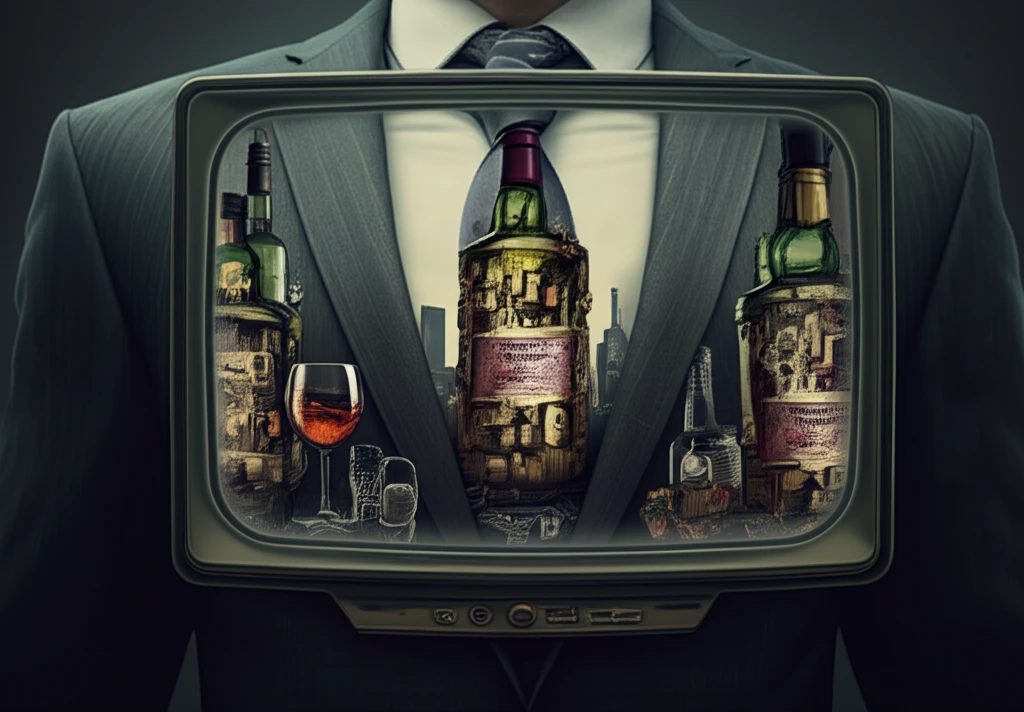 Distorted city reflecting media portrayals of alcohol in workplace.