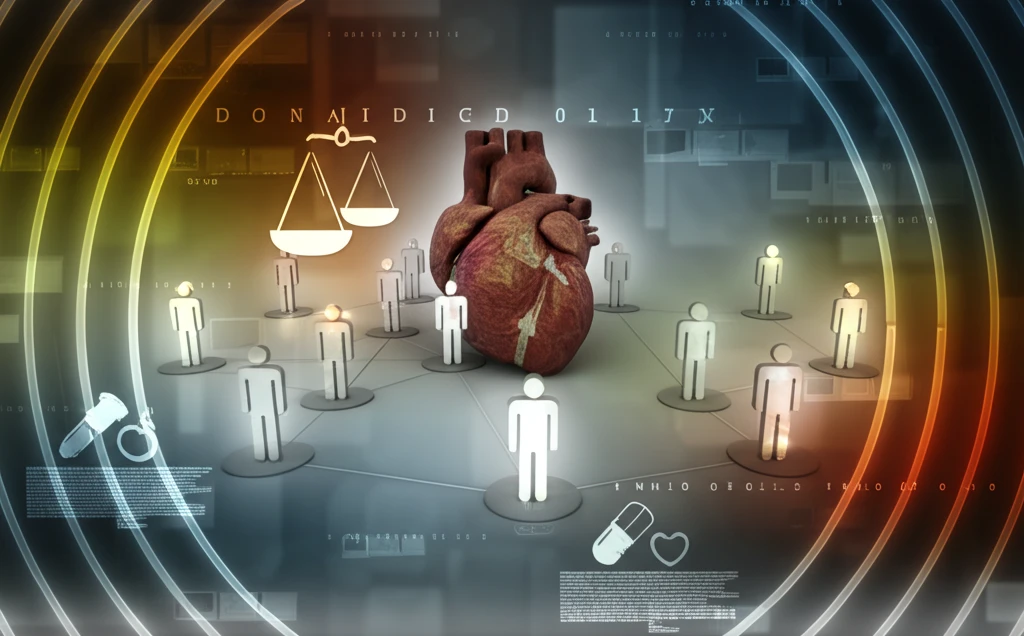 Symbolic representation of organ donation ethics featuring interconnected figures and a glowing heart.