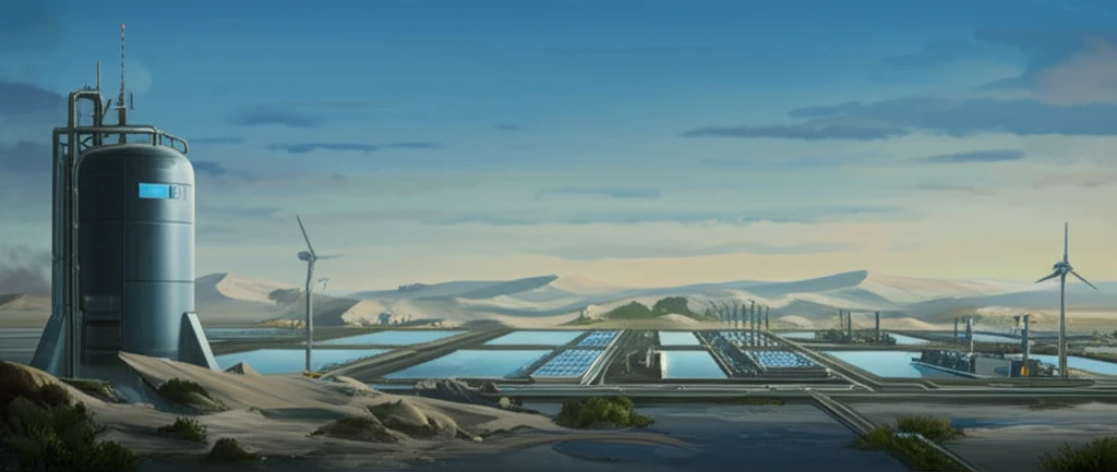 Futuristic desalination plant in a desert landscape, symbolizing sustainability.