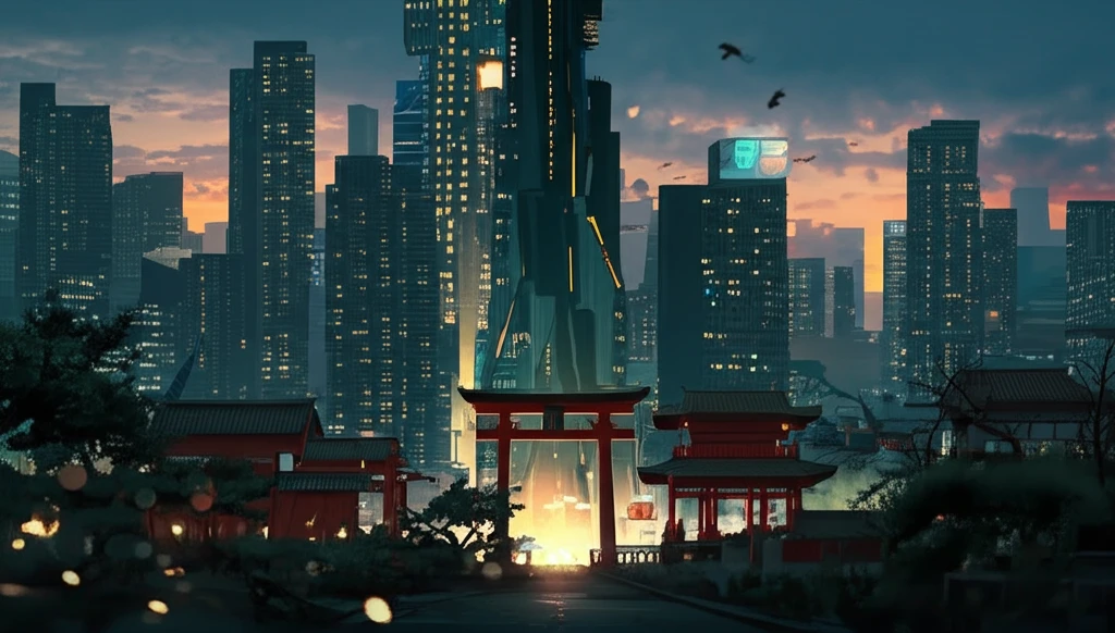 A stylized image representing Japan's transition from traditional to modern economy