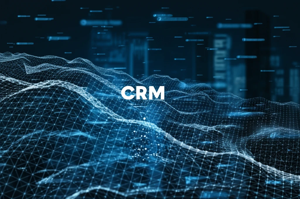 Interconnected nodes representing CRM and social media, leading to business growth.