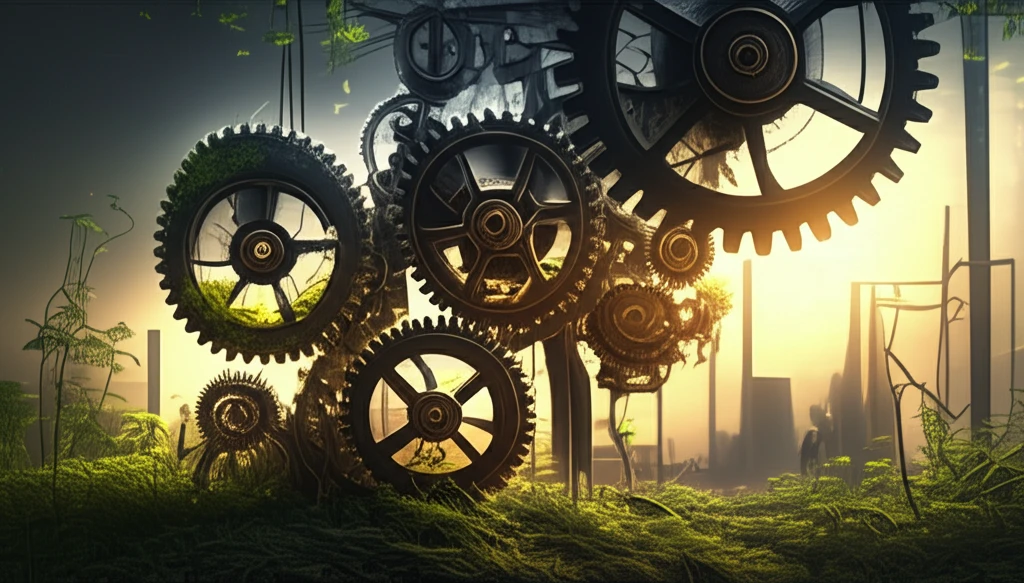 Interconnected gears and foliage symbolizing the complex relationship between economic growth and sustainability.