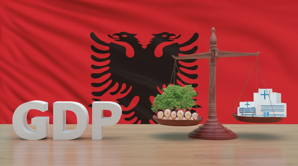 Scales balancing GDP and quality of life in Albania
