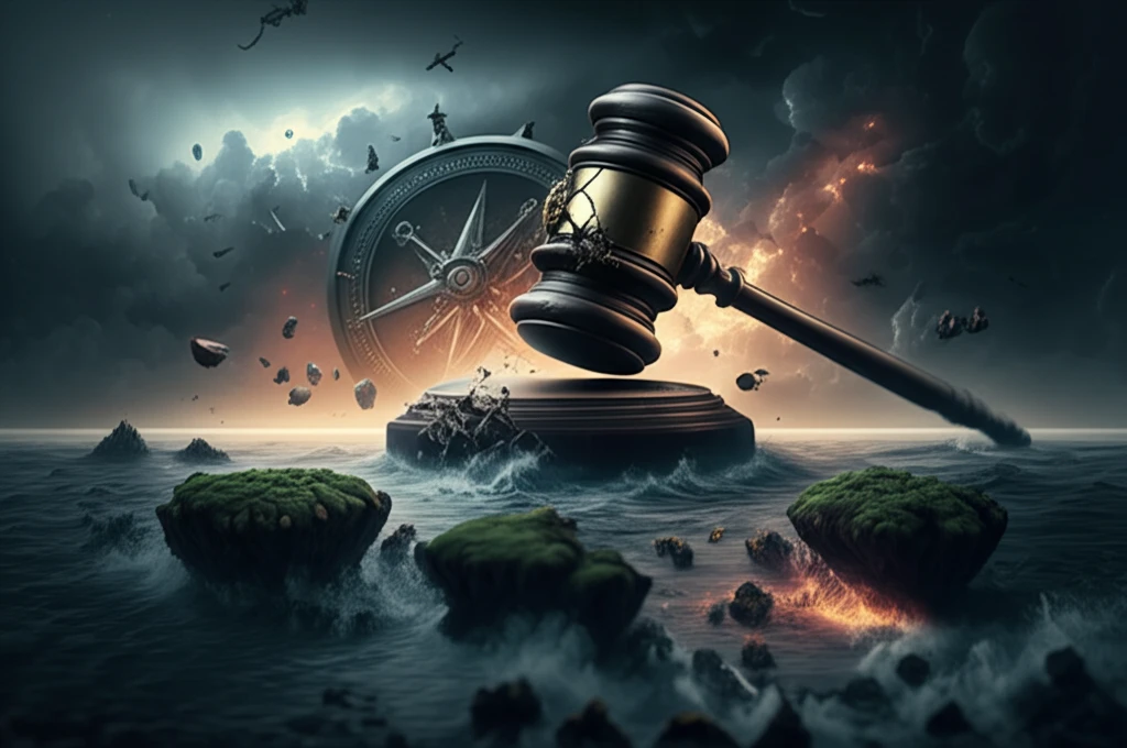 Illustration of a stormy South China Sea with fragmented islands and a cracked gavel representing the need for UNCLOS revision.