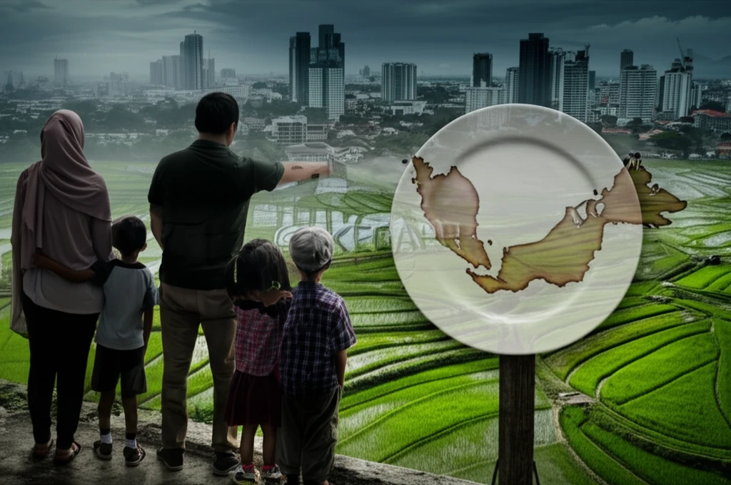 A Malaysian family contemplates an empty plate against a backdrop of rice fields and cityscapes, symbolizing food insecurity in Kedah.